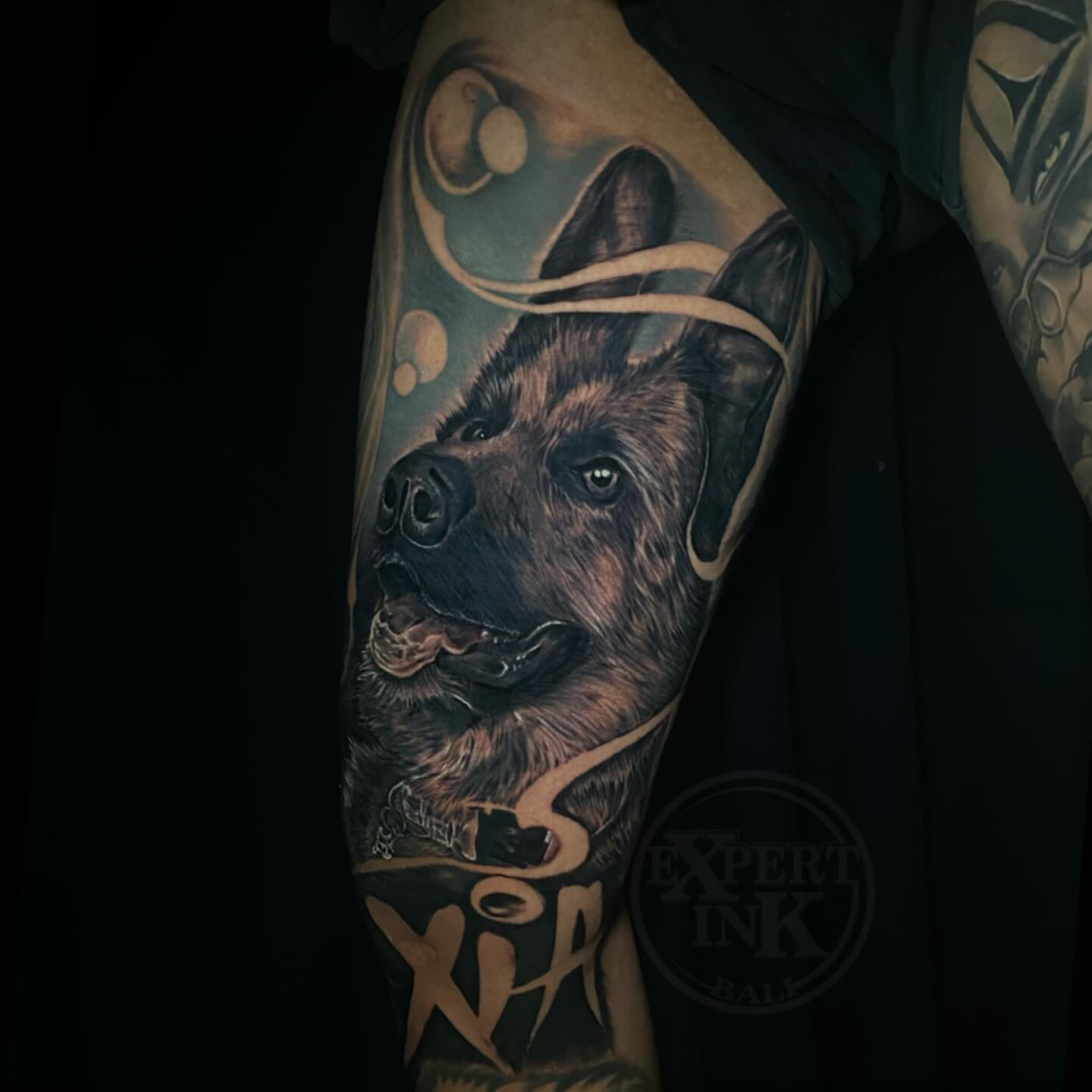 Dog tattoo on the Thigh by Expert Ink Bali, showcasing intricate shading and fine detailing.